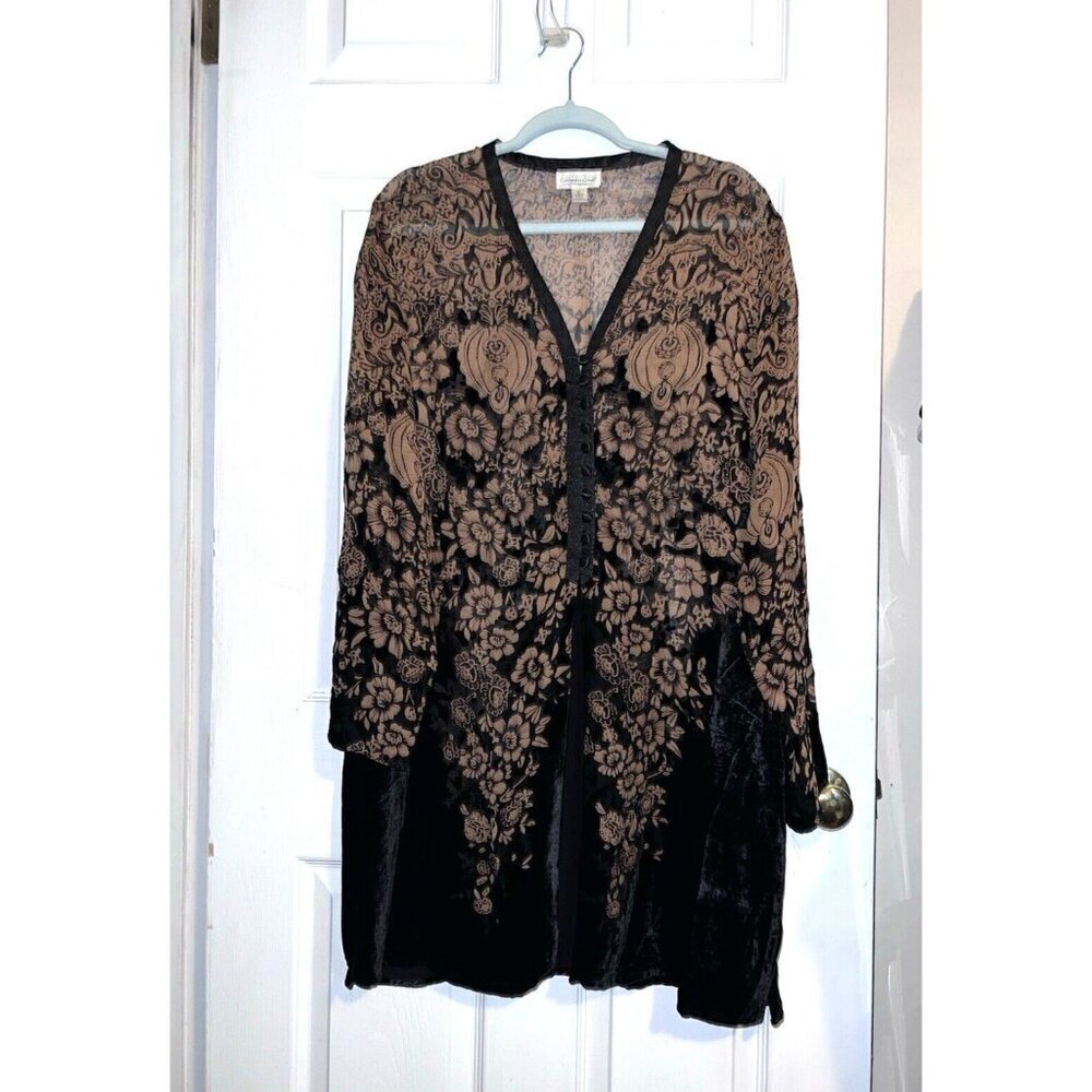 COLDWATER CREEK Floral Silk Rayon Black Velvet Long Sleeve Tunic Jacket